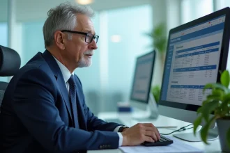 Administrateur hospitalier en costume bleu examine un planning