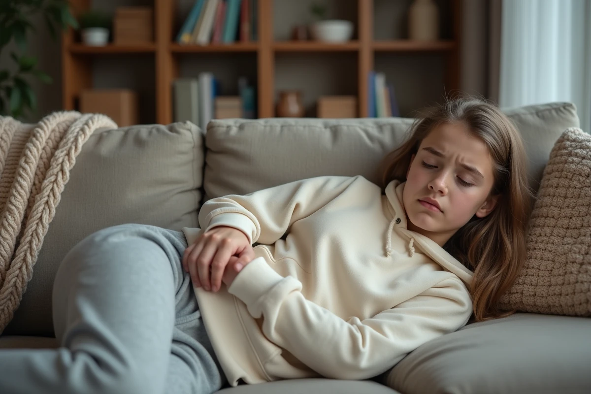 Adolescente allongée sur un canapé tenant son côté douloureux, symptômes évocateurs d'un kyste aux ovaires chez la jeune femme