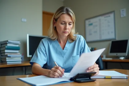 Aide-soignante en uniforme dans un bureau d'ehpad