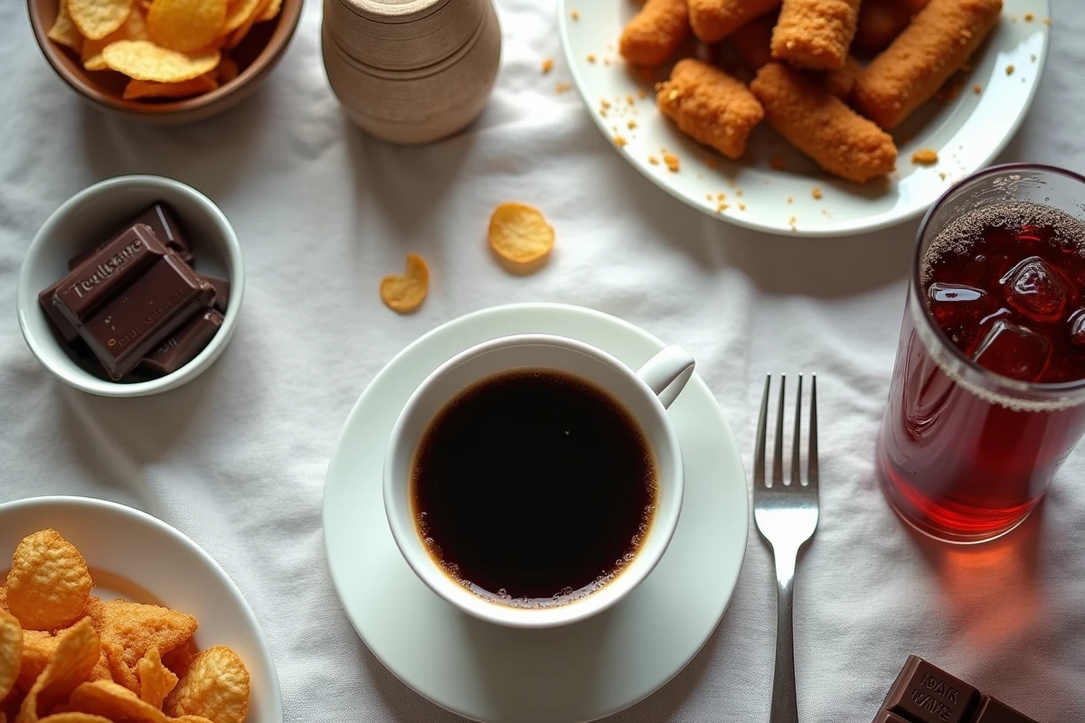 Vue en plongée de aliments déclencheurs d'extrasystoles comme le café, les sodas et les aliments frits sur une table à manger