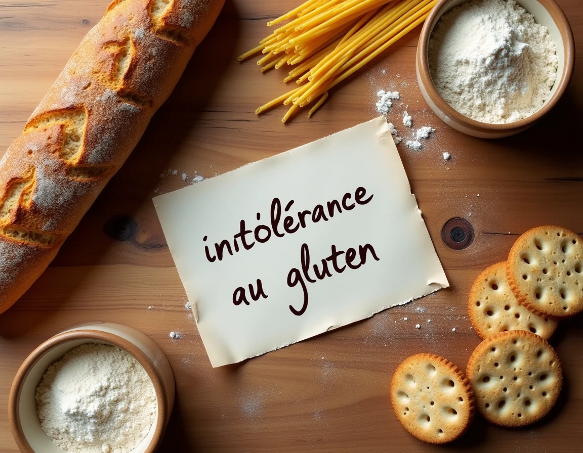 Flat lay d'aliments contenant du gluten comme le pain, les pâtes et la farine sur une table en bois, illustrant l'intolérance au gluten