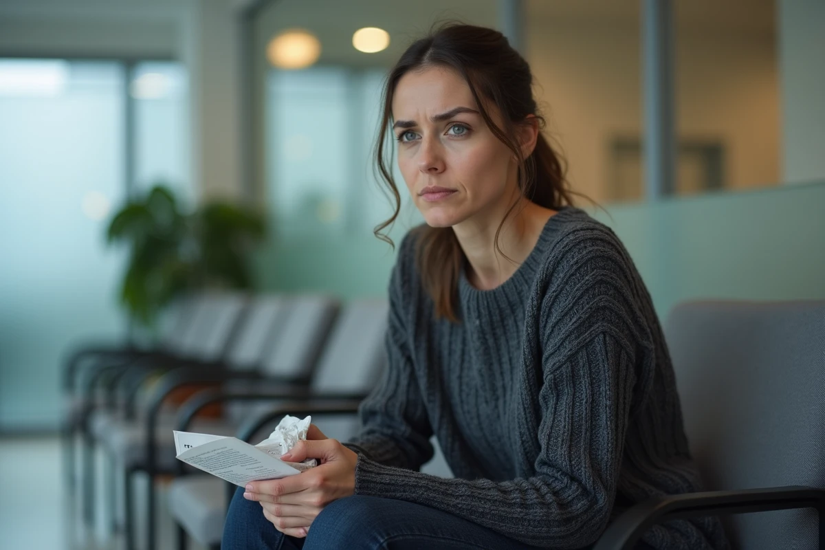 Femme anxieuse dans une salle d'attente avant un examen IRM, illustrant la claustrophobie en milieu médical