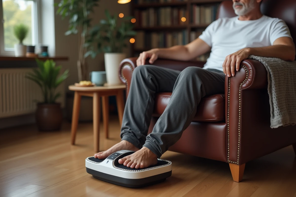 Homme utilisant un appareil masseur de pieds électrique dans son salon confortable