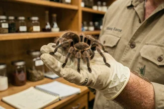 Arachnologue tenant une mygale sur sa main gantée dans un laboratoire de recherche en zoologie