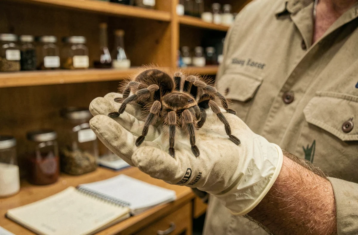 Arachnologue tenant une mygale sur sa main gantée dans un laboratoire de recherche en zoologie