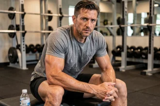 Athlète masculin assis sur un banc de musculation après un effort intense, illustrant la fatigue musculaire post-entraînement et l'élévation des transaminases SGOT