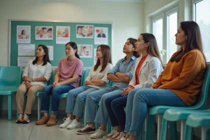 Groupe divers d'adultes et enfants dans une salle d'attente médicale