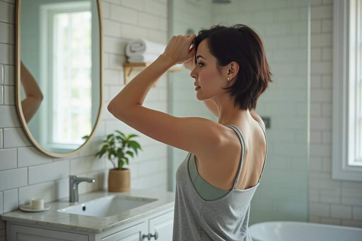 Femme effectuant un auto-examen sous l'aisselle devant un miroir de salle de bain dans le cadre d'un dépistage du cancer du sein