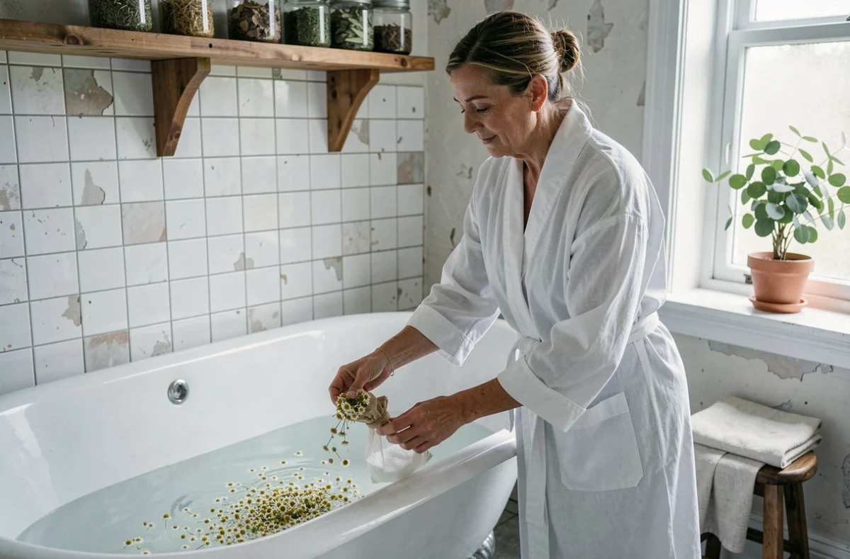 Femme préparant un bain apaisant à la camomille et au bicarbonate de soude comme remède naturel contre les démangeaisons intimes