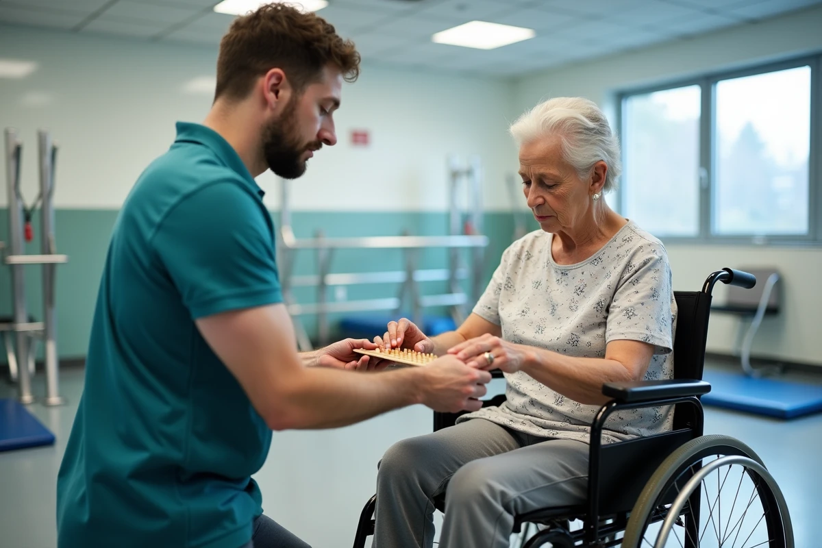 Ergothérapeute réalisant un bilan moteur avec une patiente en fauteuil roulant dans une salle de rééducation
