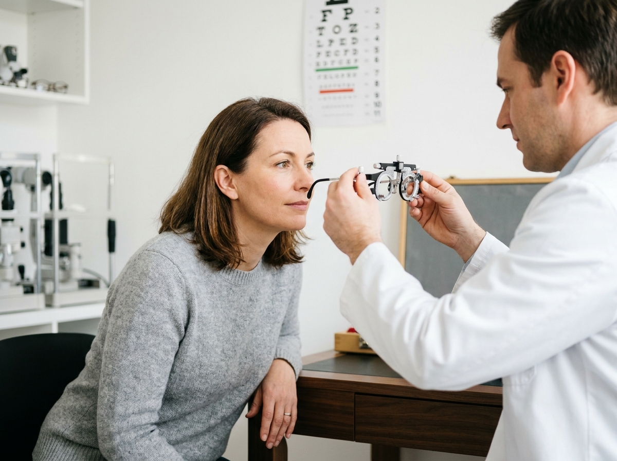 Femme de 40 ans lors d'un bilan visuel chez l'opticien, examinée avec un cadre d'essai ophtalmique par un professionnel en blouse blanche