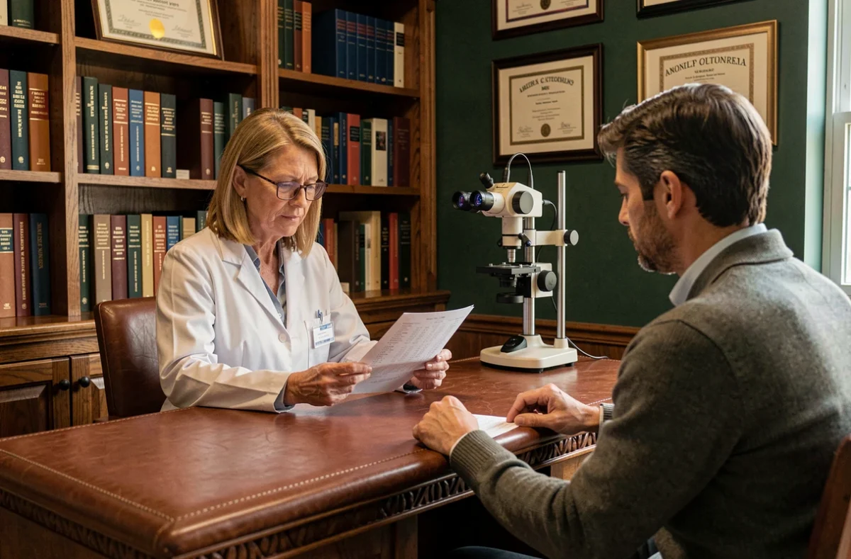 Cabinet ophtalmologique intime Saint-Luc avec médecin et patient en consultation privée