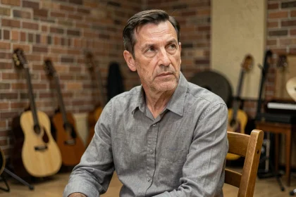 Chanteur de rock français au regard contemplatif dans un studio de répétition, illustrant le parcours face à la maladie