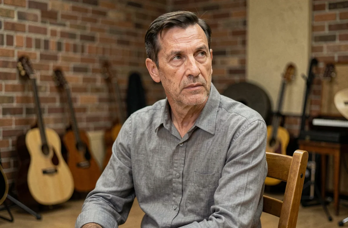 Chanteur de rock français au regard contemplatif dans un studio de répétition, illustrant le parcours face à la maladie