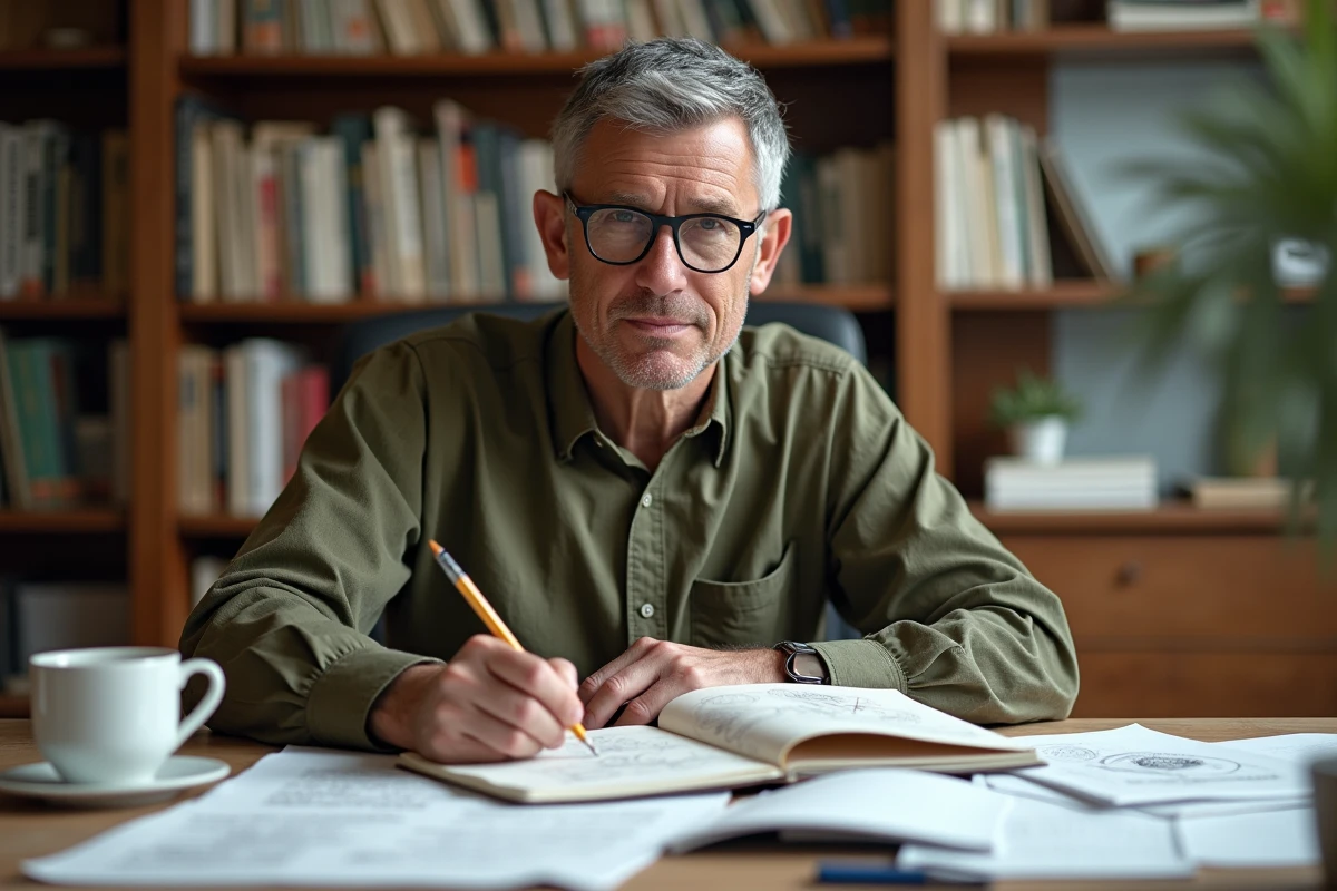 Chercheur en neurosciences prenant des notes sur la neurogenèse et les structures hippocampiques dans son bureau universitaire