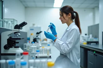 Chercheuse médicale examinant un flacon de solution en laboratoire dans le cadre de recherches sur le Zonivizectrum en 2026