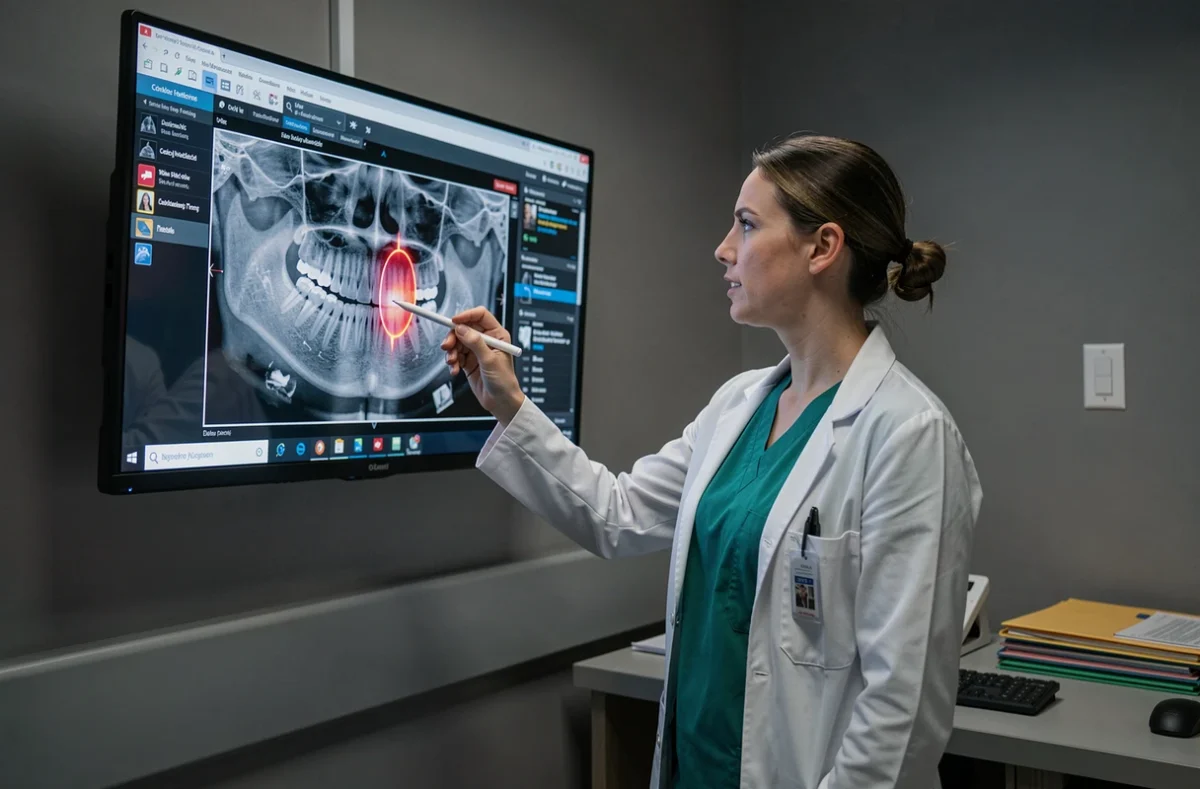 Chirurgienne maxillo-faciale analysant une radiographie panoramique de la mâchoire sur écran médical pour détecter un cancer