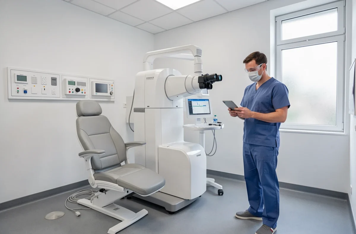 Salle de chirurgie laser de la Clinique de la Vision avec ophtalmologue et équipement médical de pointe