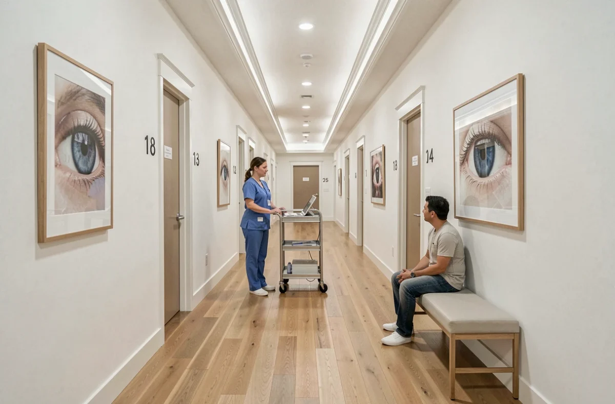 Couloir moderne de la Clinique Geoffroy Saint-Hilaire avec personnel médical et patient en attente