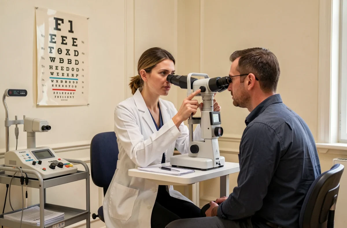 Examen ophtalmologique en cours à la Clinique Mont-Louis avec médecin et patient