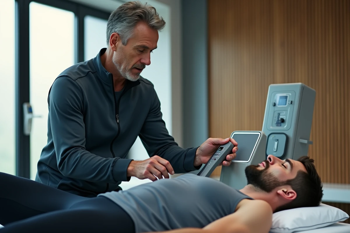 Entraineur ajustant un appareil de pressotherapie