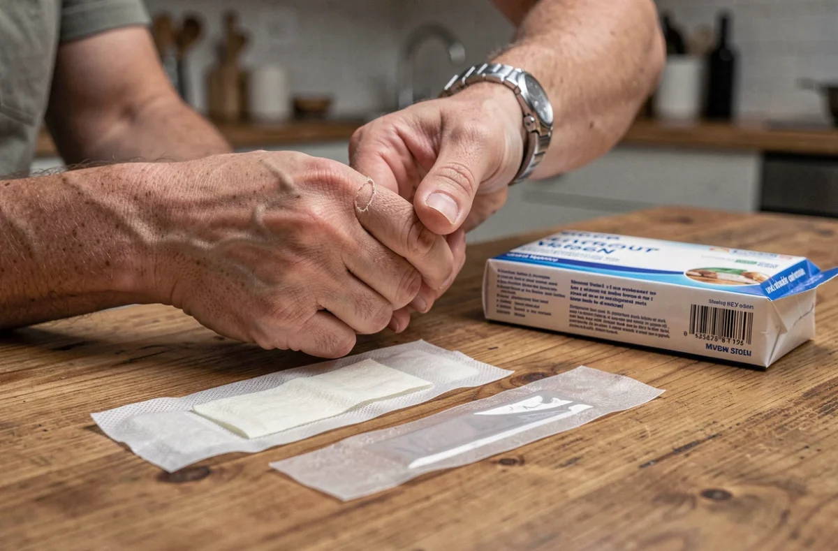 Comparaison d'un pansement classique et d'un pansement waterproof pour ongle arraché sur une table en bois