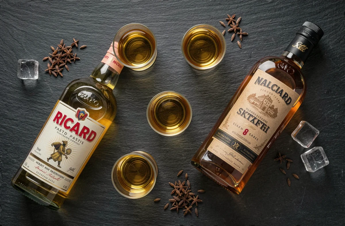 Vue de dessus de bouteilles et verres de Ricard, pastis et whisky disposés sur une ardoise sombre