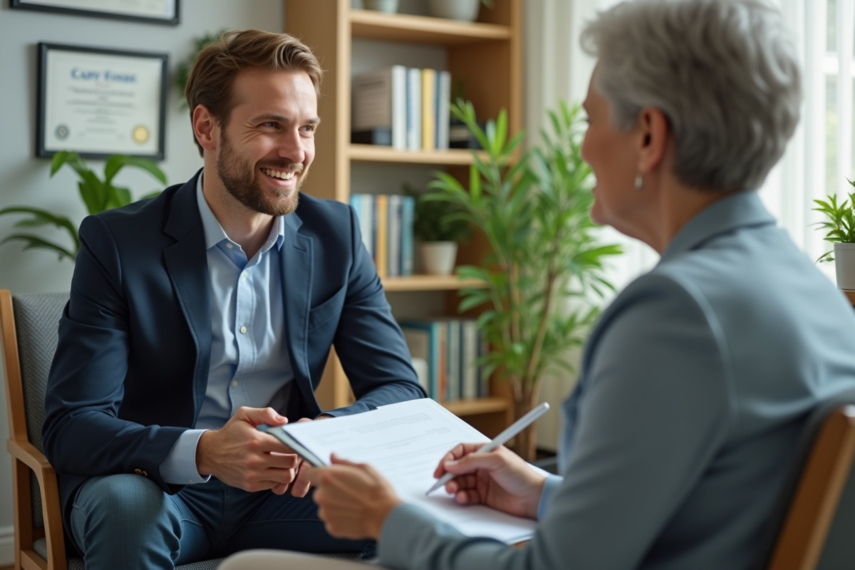 Conseiller santé expliquant un document à une senior dans un bureau