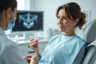 Patiente en consultation dentaire écoutant les explications de son dentiste sur les alternatives à l'implant dentaire