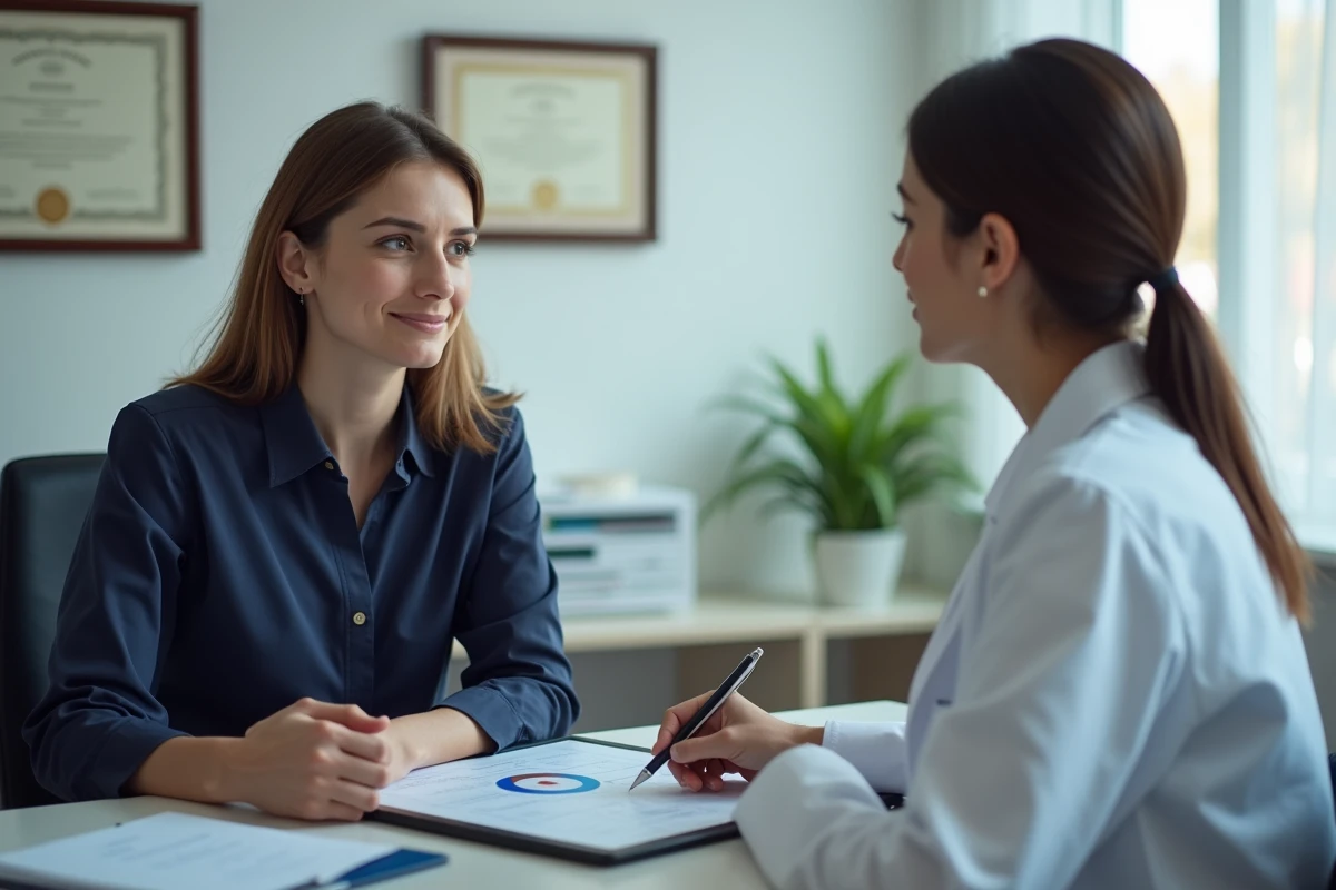 Jeune femme en consultation gynécologique discutant des symptômes d'un kyste ovarien avec une médecin spécialiste