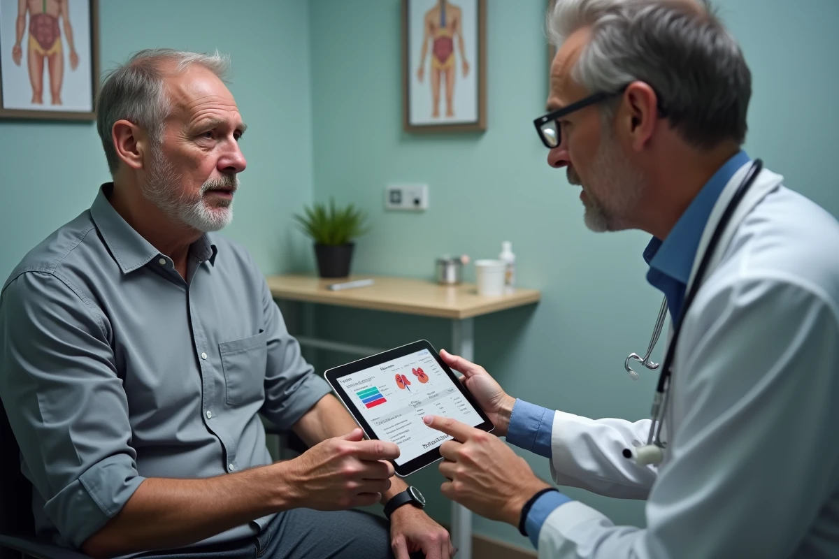 Patient et médecin généraliste discutant d'un résultat de DFG élevé sur une tablette en consultation médicale