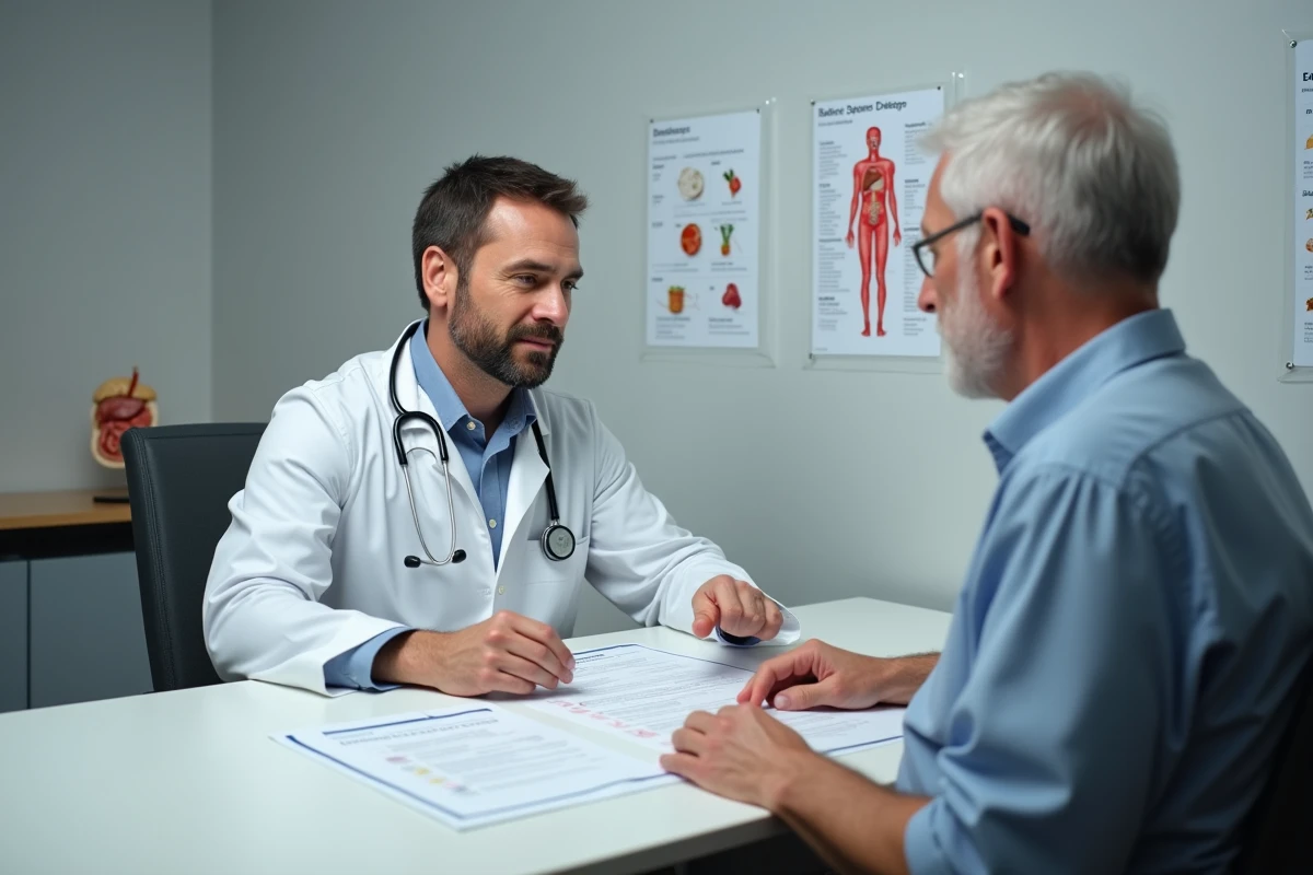 Médecin endocrinologue expliquant le régime de préparation à la coloscopie à un patient diabétique lors d'une consultation médicale