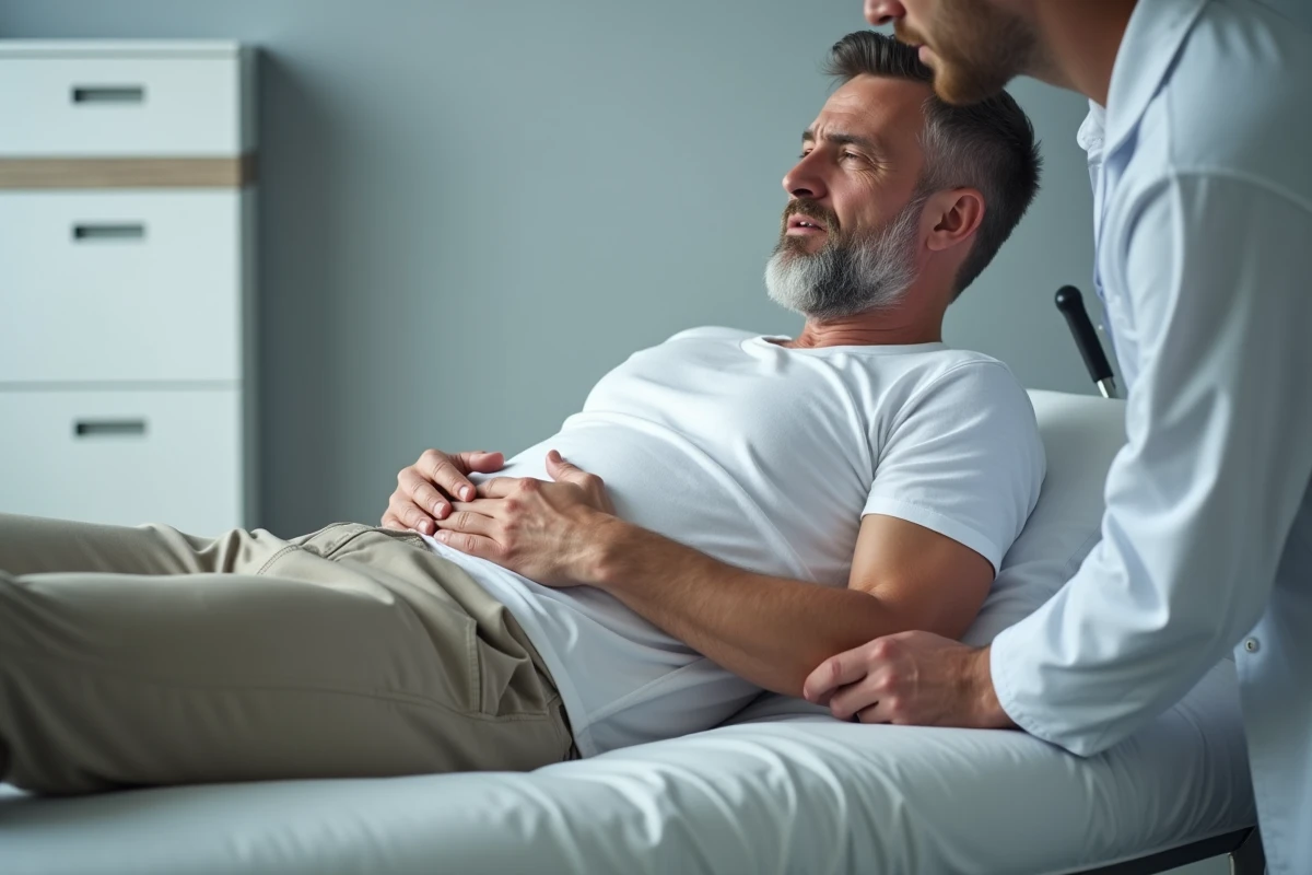 Consultation médicale pour douleur au côté droit du ventre, palpation abdominale par un médecin généraliste