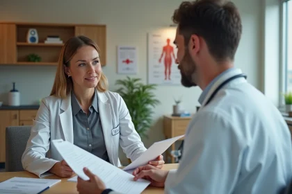 Patient femme discutant avec endocrinologue en consultation