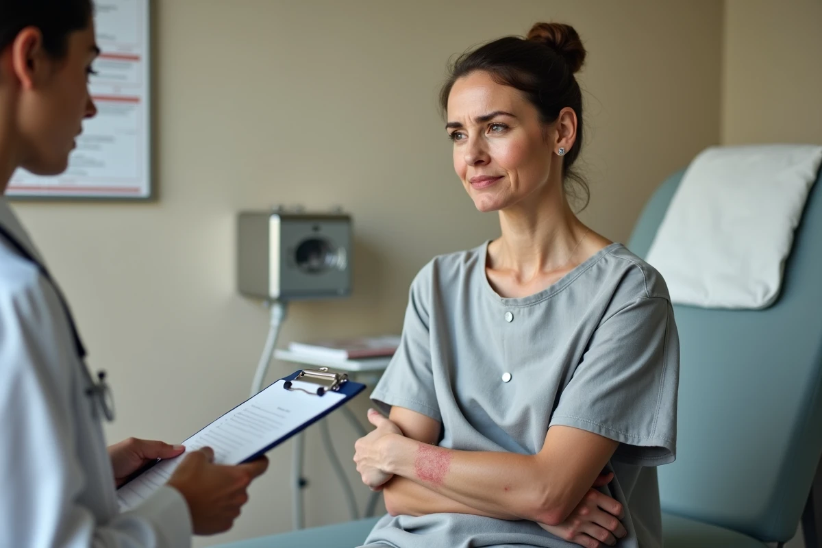 Femme montrant une irritation cutanée sur le bras lors d'une consultation médicale chez le médecin