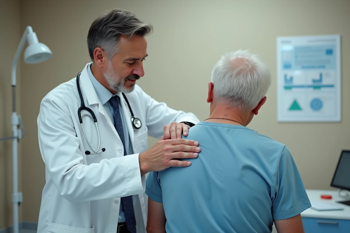 Médecin examinant le dos d'un patient âgé atteint de zona lors d'une consultation médicale