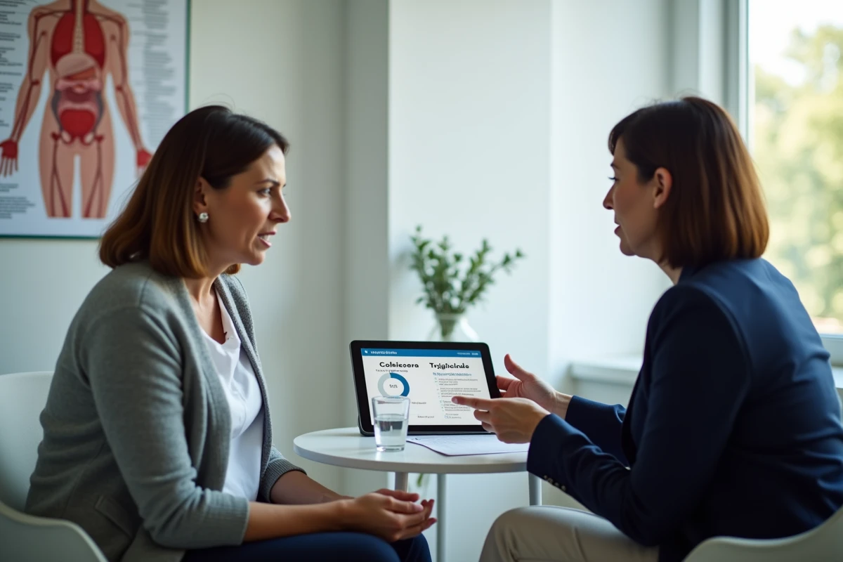 Patiente consultant une nutritionniste pour des résultats de bilan lipidique élevés avec graphiques de cholestérol