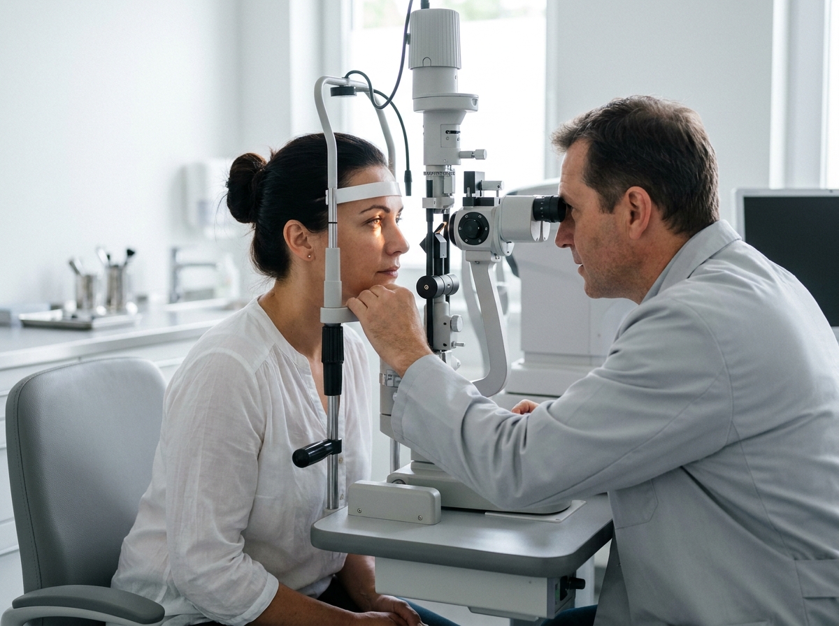 Femme consultant un ophtalmologue lors d'un examen de la vue en cabinet médical moderne