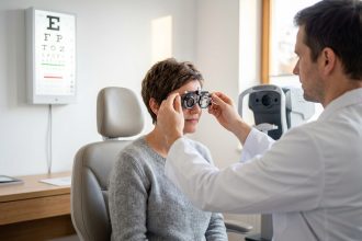 Femme en consultation ophtalmologique chez un opticien à Lunel, examen de la vue avec un équipement professionnel moderne
