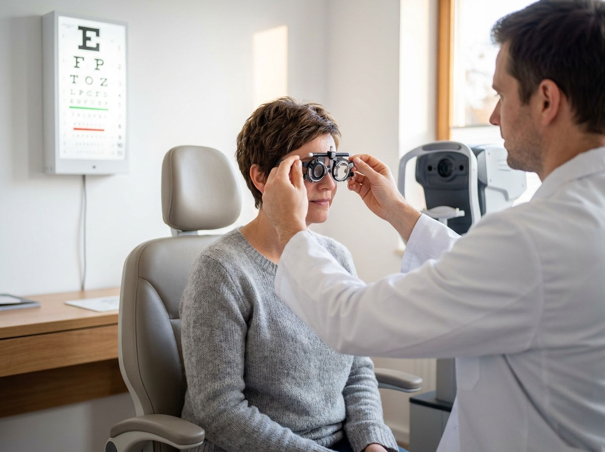 Femme en consultation ophtalmologique chez un opticien à Lunel, examen de la vue avec un équipement professionnel moderne