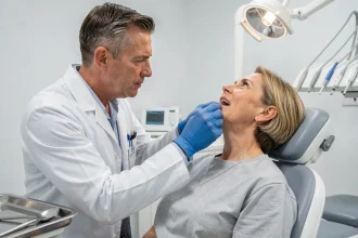 Médecin spécialiste examinant la mâchoire d'une patiente lors d'une consultation médicale pour suspicion de cancer de la mâchoire