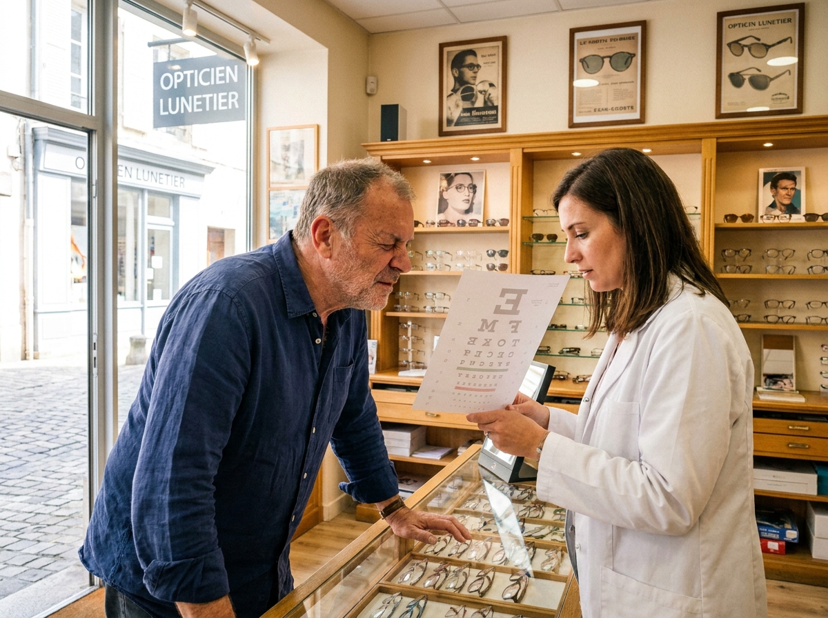 Homme âgé passant un contrôle de la vue dans une boutique d'optique à Lunel, lecture d'un tableau optométrique