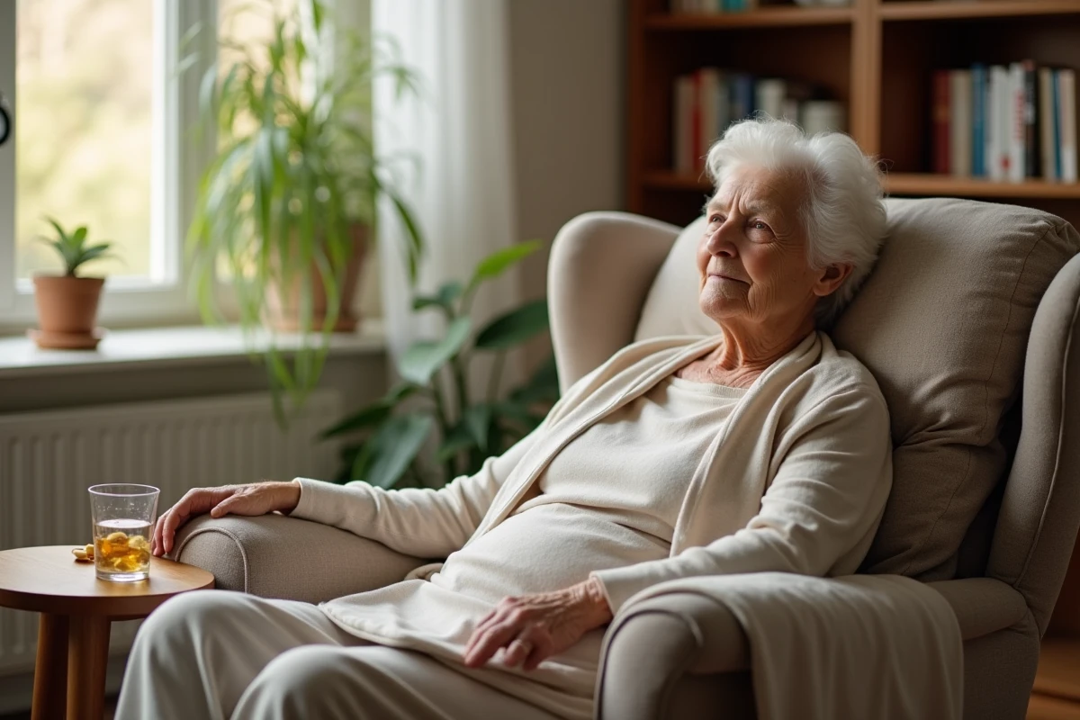 Femme âgée en convalescence après un zona, se reposant dans un fauteuil avec ses médicaments à portée de main