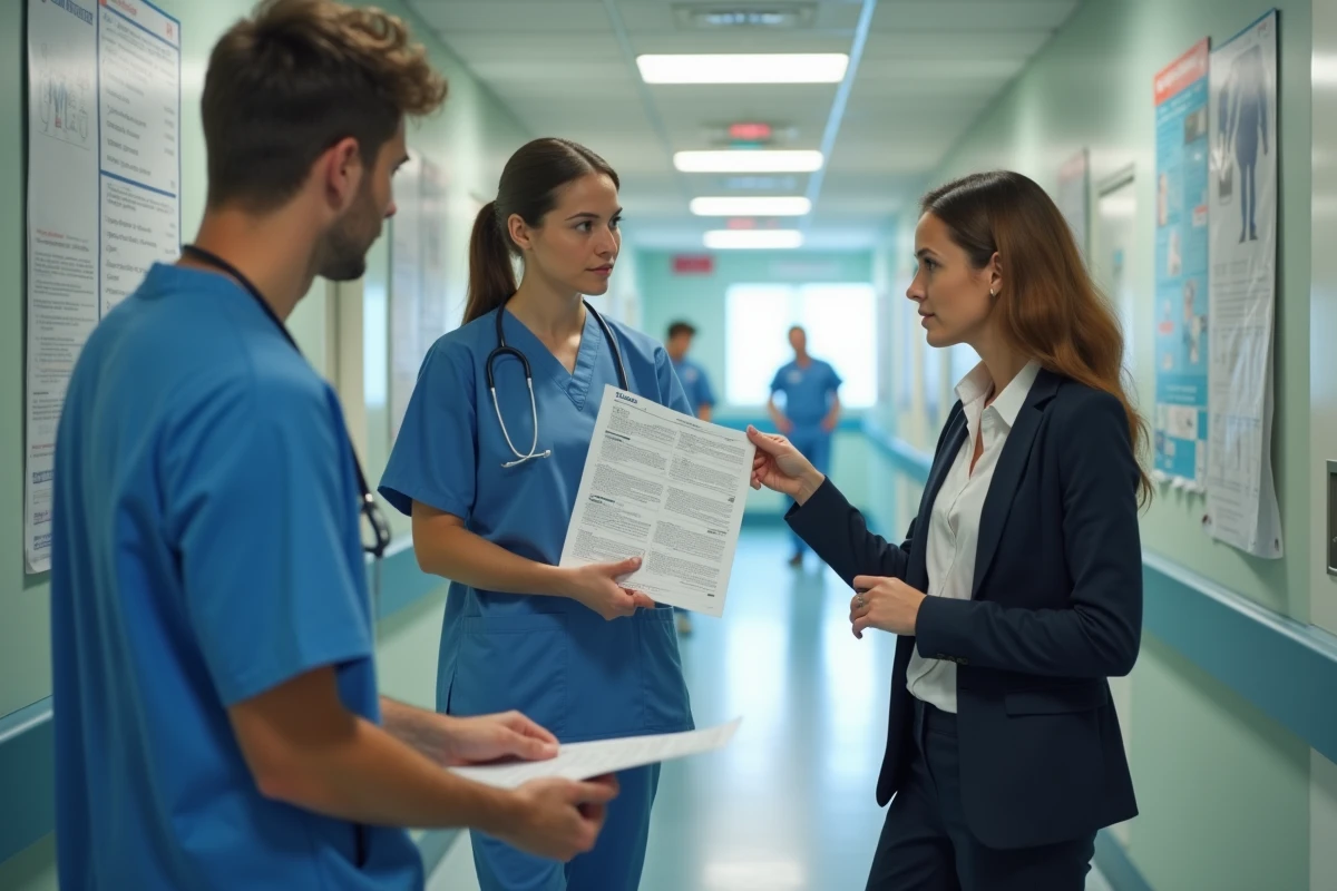 Coordinatrice m&eacute;dicale discute avec un jeune docteur dans le couloir