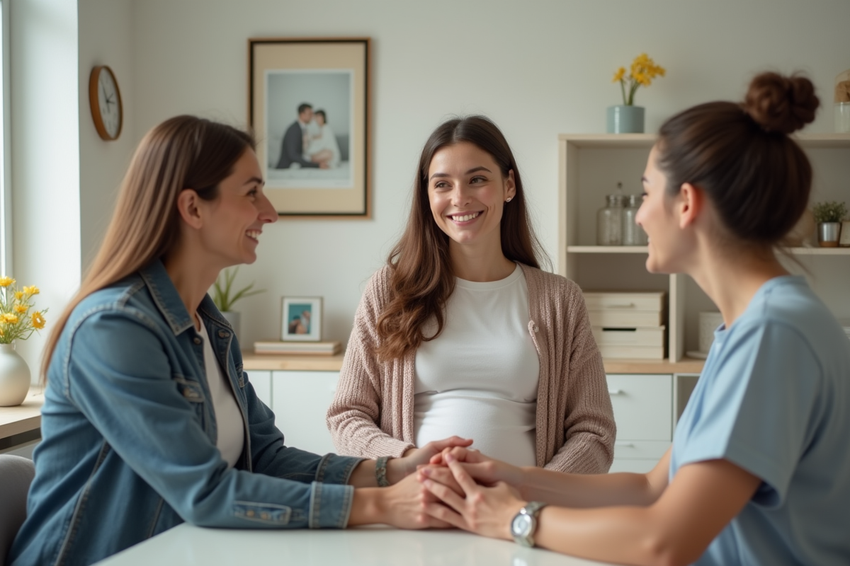 Couple avec une sage-femme dans une salle de consultation chaleureuse