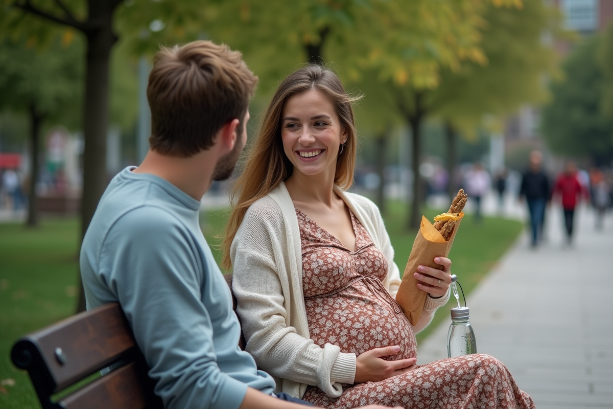 Couple enceinte profitant d un déjeuner en plein air dans un parc urbain