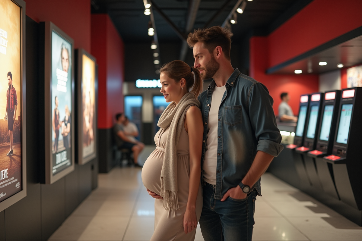 Couple enceinte entrant dans un hall de cinéma dynamique