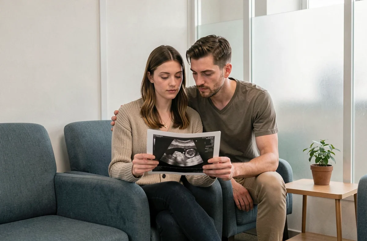 Couple regardant ensemble une image d'échographie à 5 semaines dans une salle d'attente de gynécologie