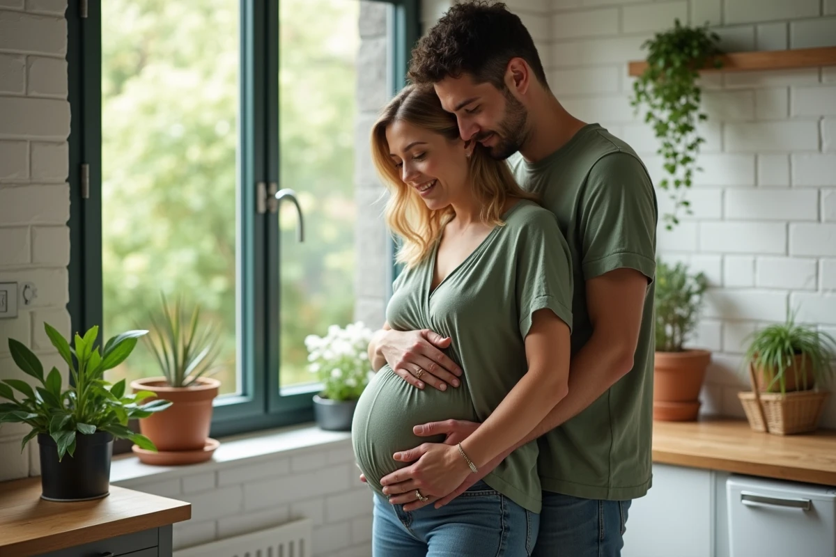 Couple de futurs parents dans une cuisine moderne, l'homme posant doucement la main sur le ventre de sa compagne enceinte près d'une fenêtre avec vue sur un jardin