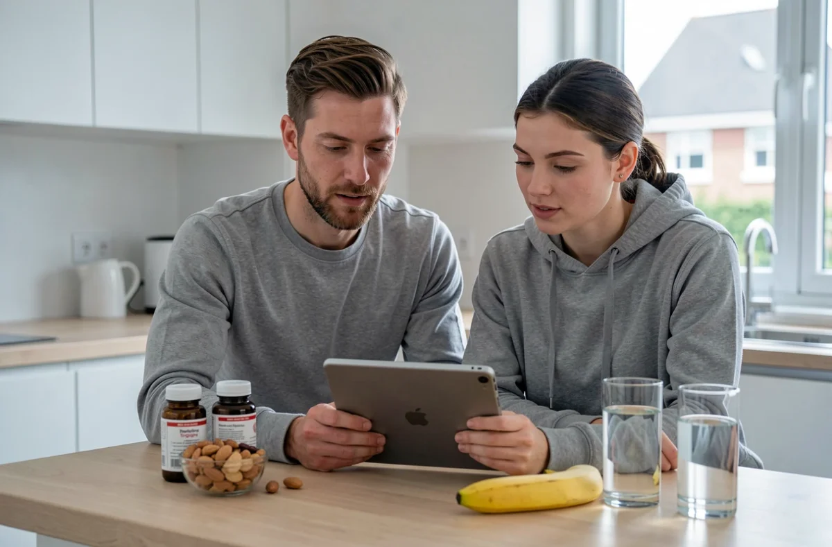 Couple sportif planifiant leur nutrition et leurs compléments alimentaires dans une cuisine moderne et épurée